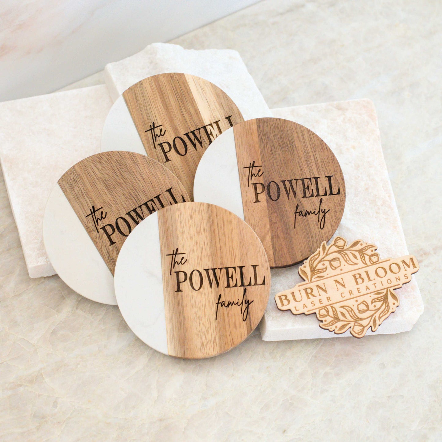 Custom Family Coasters - Marble and Acacia Wood - Set of 4 - Circle