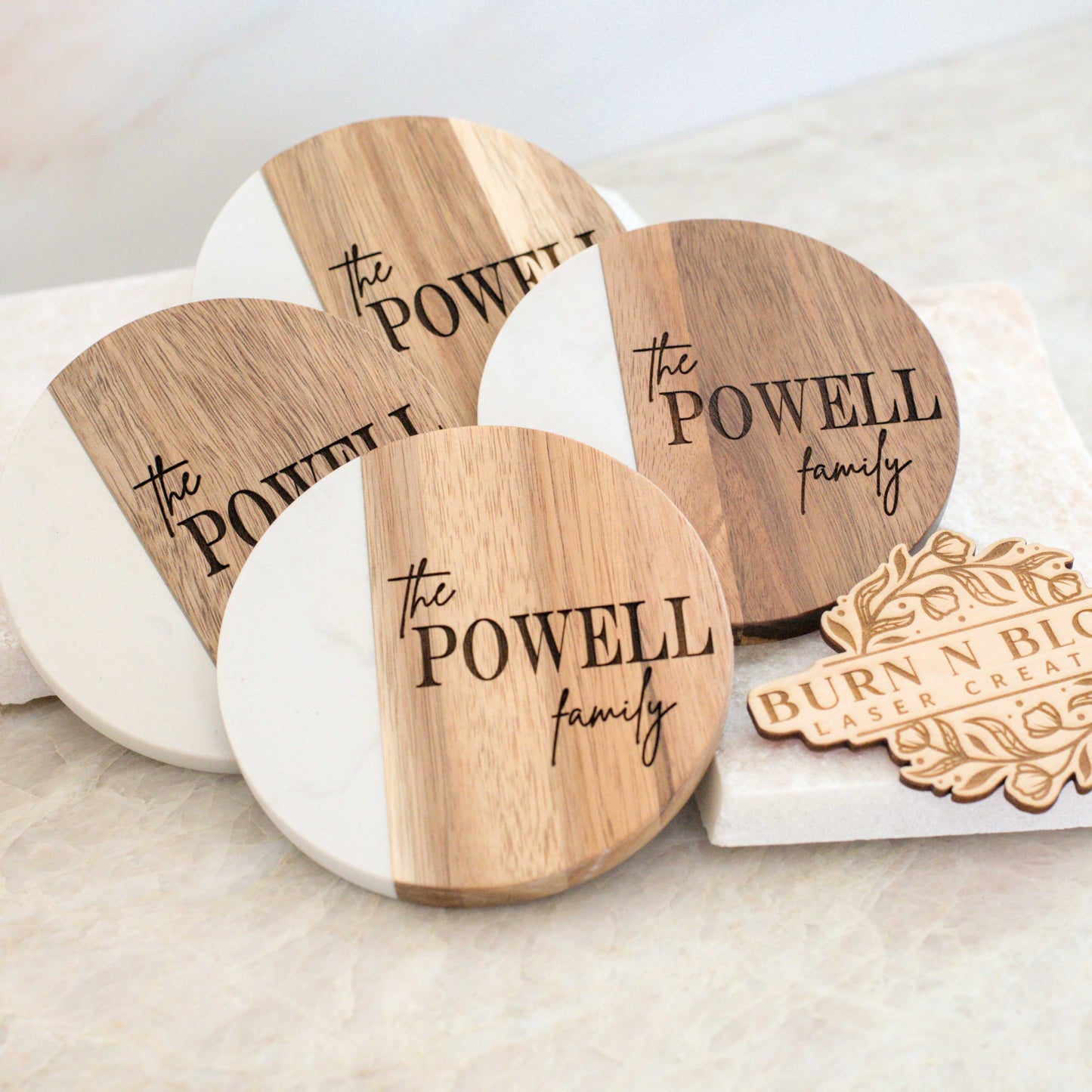 Custom Family Coasters - Marble and Acacia Wood - Set of 4 - Circle