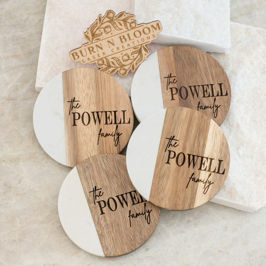 Custom Family Coasters - Marble and Acacia Wood - Set of 4 - Circle