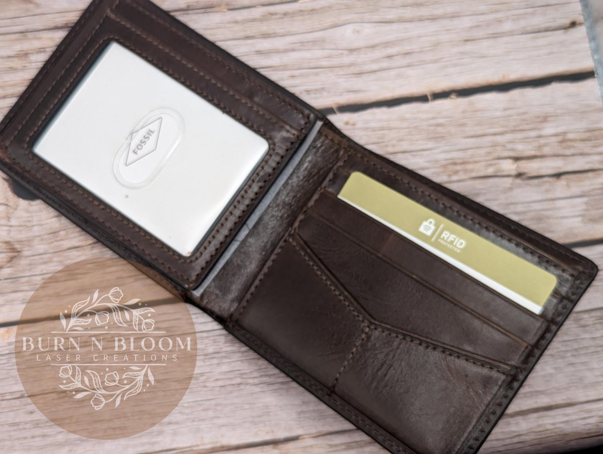 Personalized Fossil Wallet with Engraved Name and Initial BURN N BLOOM